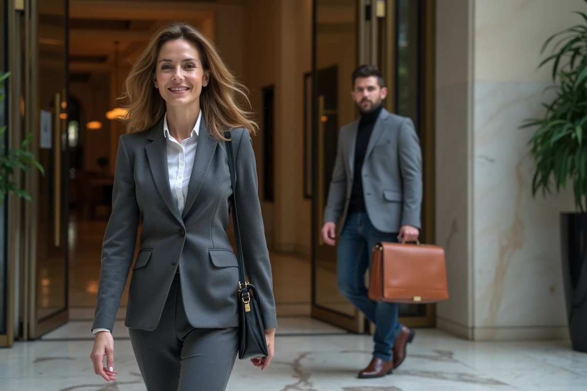 Commerciale porte à porte en costume cravate discutant avec un résident dans le hall d'un immeuble moderne