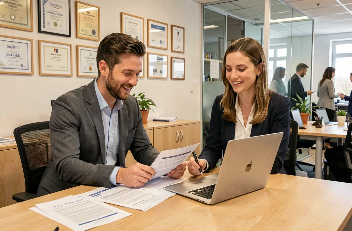 Deux recruteurs collaborant sur des contrats intérim et CDD dans une agence des Pays de la Loire
