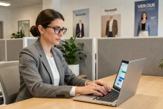 Femme professionnelle se connectant à un portail employé de prêt-à-porter sur un ordinateur portable dans un bureau moderne