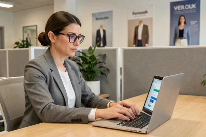 Femme professionnelle se connectant à un portail employé de prêt-à-porter sur un ordinateur portable dans un bureau moderne