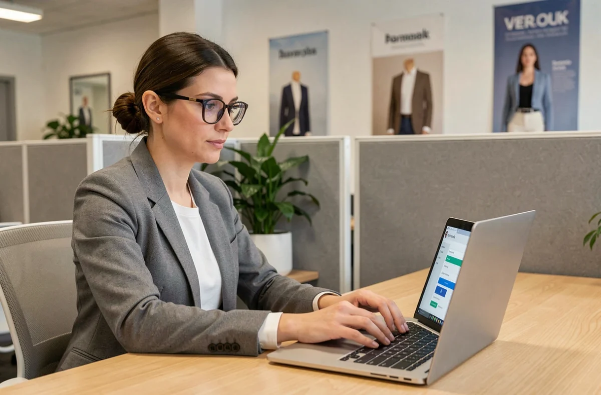 Femme professionnelle se connectant à un portail employé de prêt-à-porter sur un ordinateur portable dans un bureau moderne