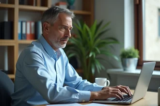 Homme connecté à un portail en ligne sur son ordinateur portable dans un bureau à domicile