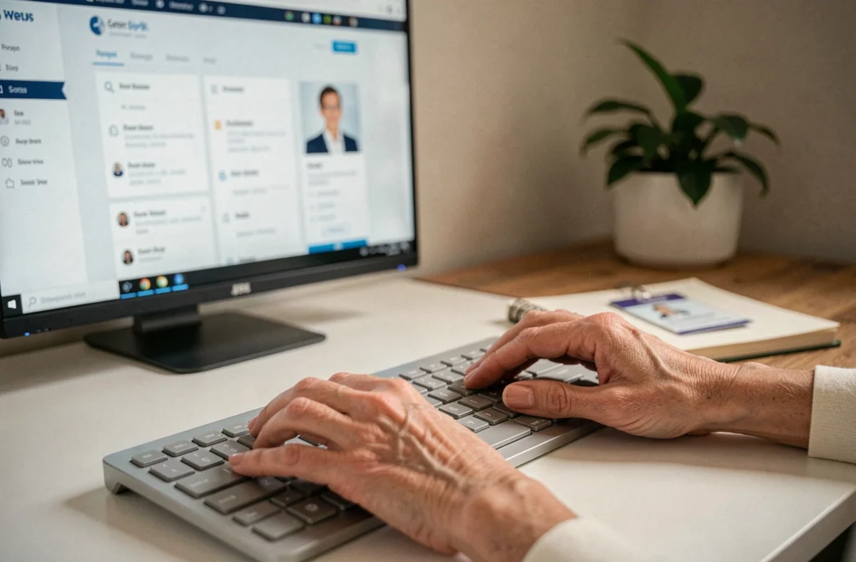 Gros plan sur les mains d'une employée Air France se connectant au portail RH Intraligne depuis un bureau à domicile