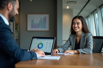 Conseiller assurance en réunion avec client dans bureau moderne