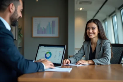 Conseiller assurance en r&eacute;union avec client dans bureau moderne