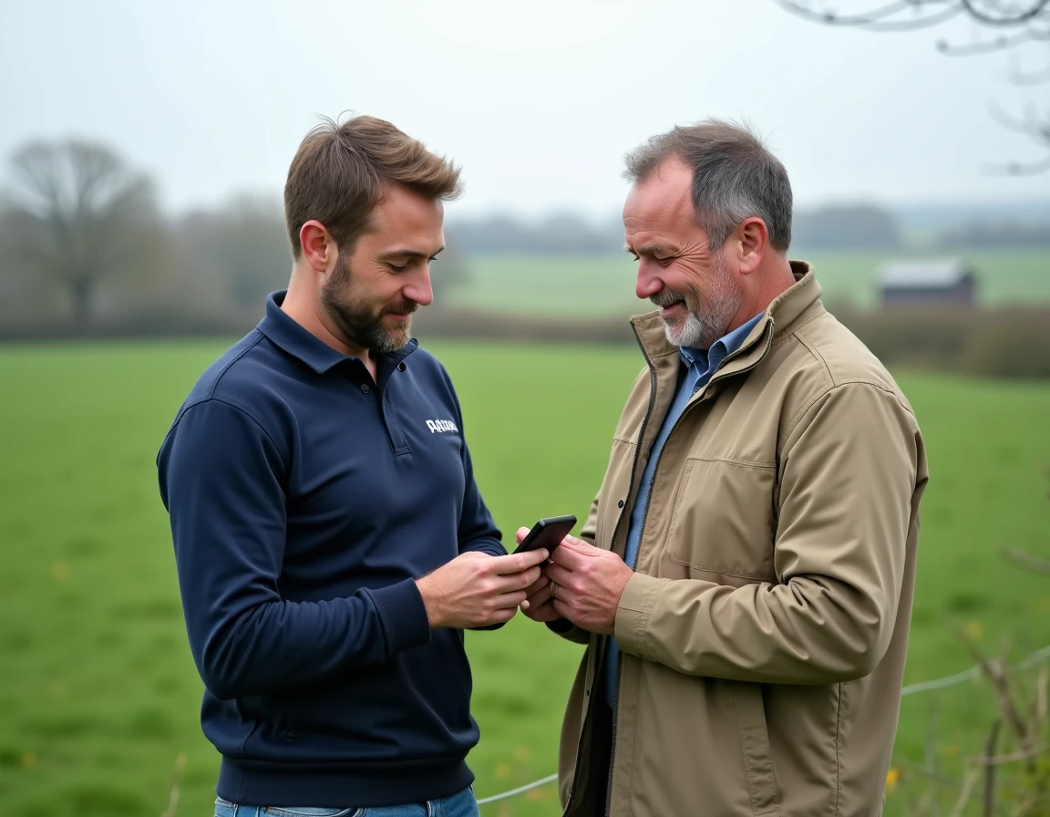 Conseiller coopératif Terrena et éleveur échangeant des données de performances sur smartphone en bordure de pâture
