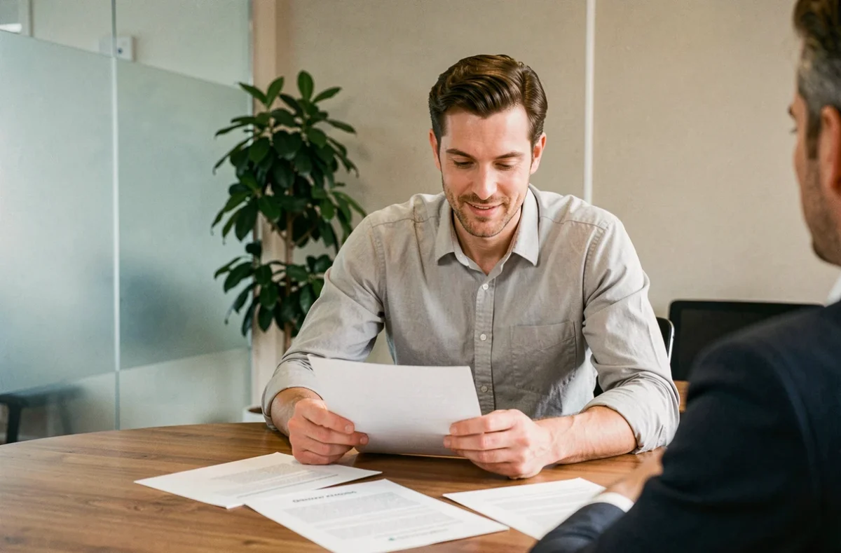 Conseiller relation client en chemise grise partageant des informations avec un client autour d'une table dans une salle de réunion professionnelle, symbolisant la transparence et la disponibilité