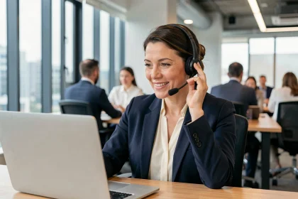 Conseillère professionnelle en blazer marine répondant chaleureusement à un client par téléphone dans un bureau moderne, illustrant la disponibilité et la relation client de confiance