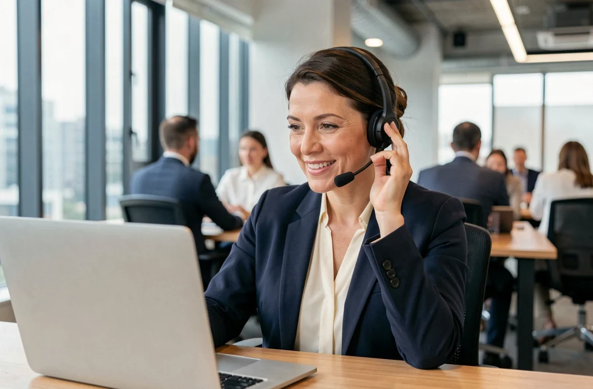 Conseillère professionnelle en blazer marine répondant chaleureusement à un client par téléphone dans un bureau moderne, illustrant la disponibilité et la relation client de confiance