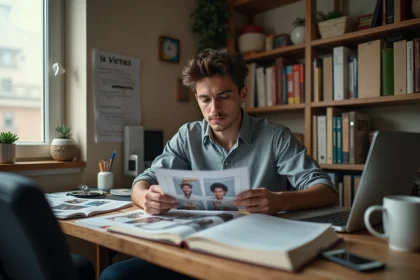Jeune consultant Chogan étudiant travaillant sur son activité de vente depuis son bureau d'appartement, entouré de catalogues produits et d'un ordinateur portable