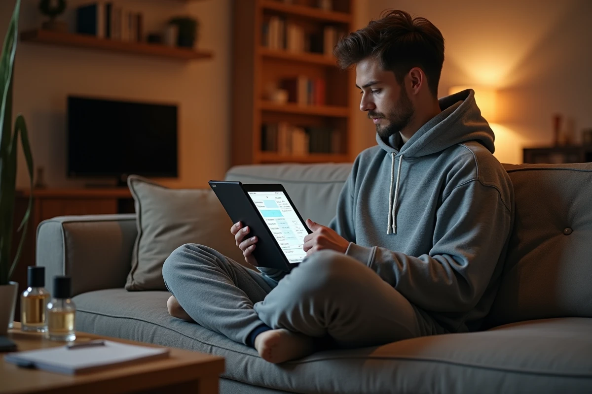 Consultant Chogan gérant son activité commerciale le soir depuis son canapé avec une tablette et des échantillons de parfums posés sur la table basse