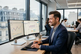Consultant SEO en Île-de-France analysant des données de référencement naturel sur des écrans dans un bureau moderne parisien avec vue sur les toits haussmanniens