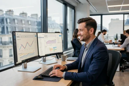 Consultant SEO en Île-de-France analysant des données de référencement naturel sur des écrans dans un bureau moderne parisien avec vue sur les toits haussmanniens