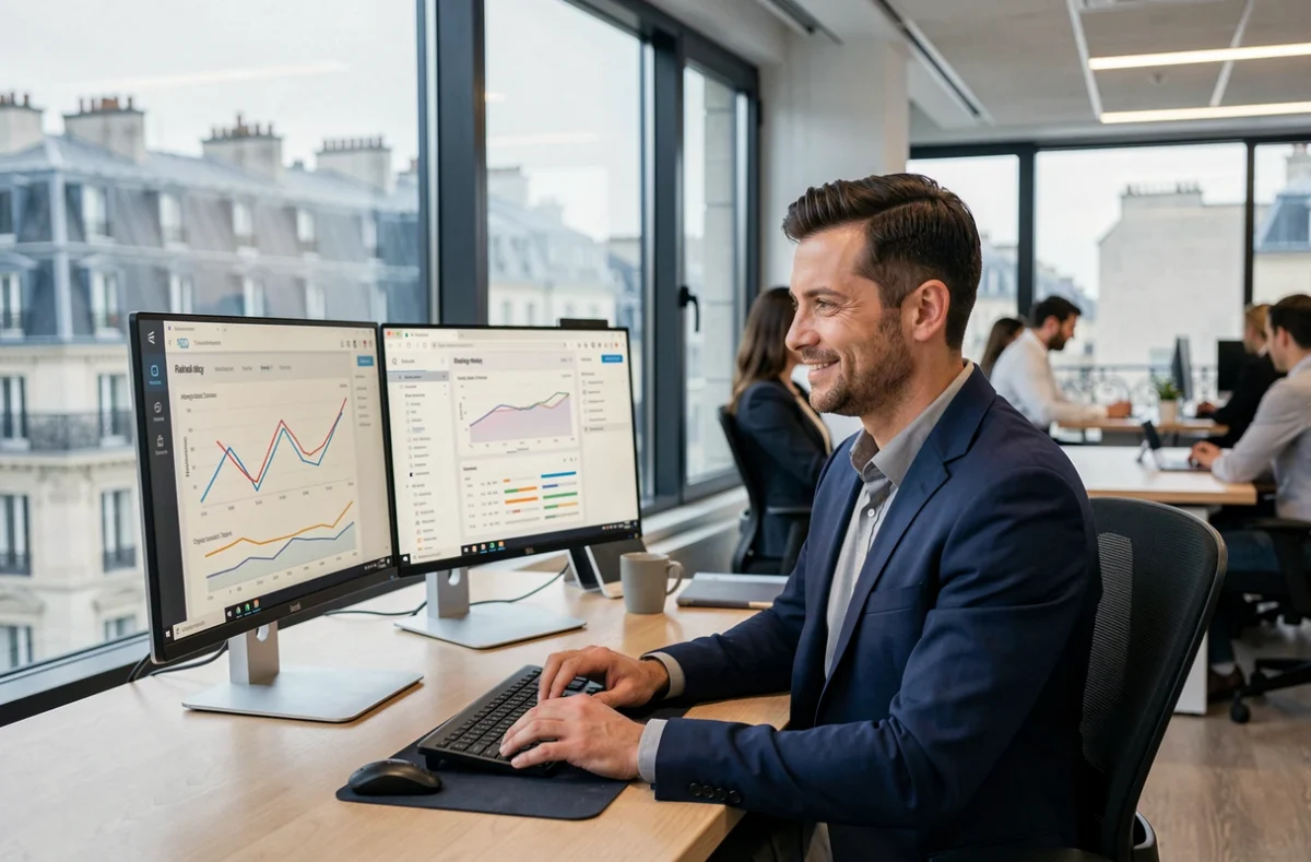 Consultant SEO en Île-de-France analysant des données de référencement naturel sur des écrans dans un bureau moderne parisien avec vue sur les toits haussmanniens