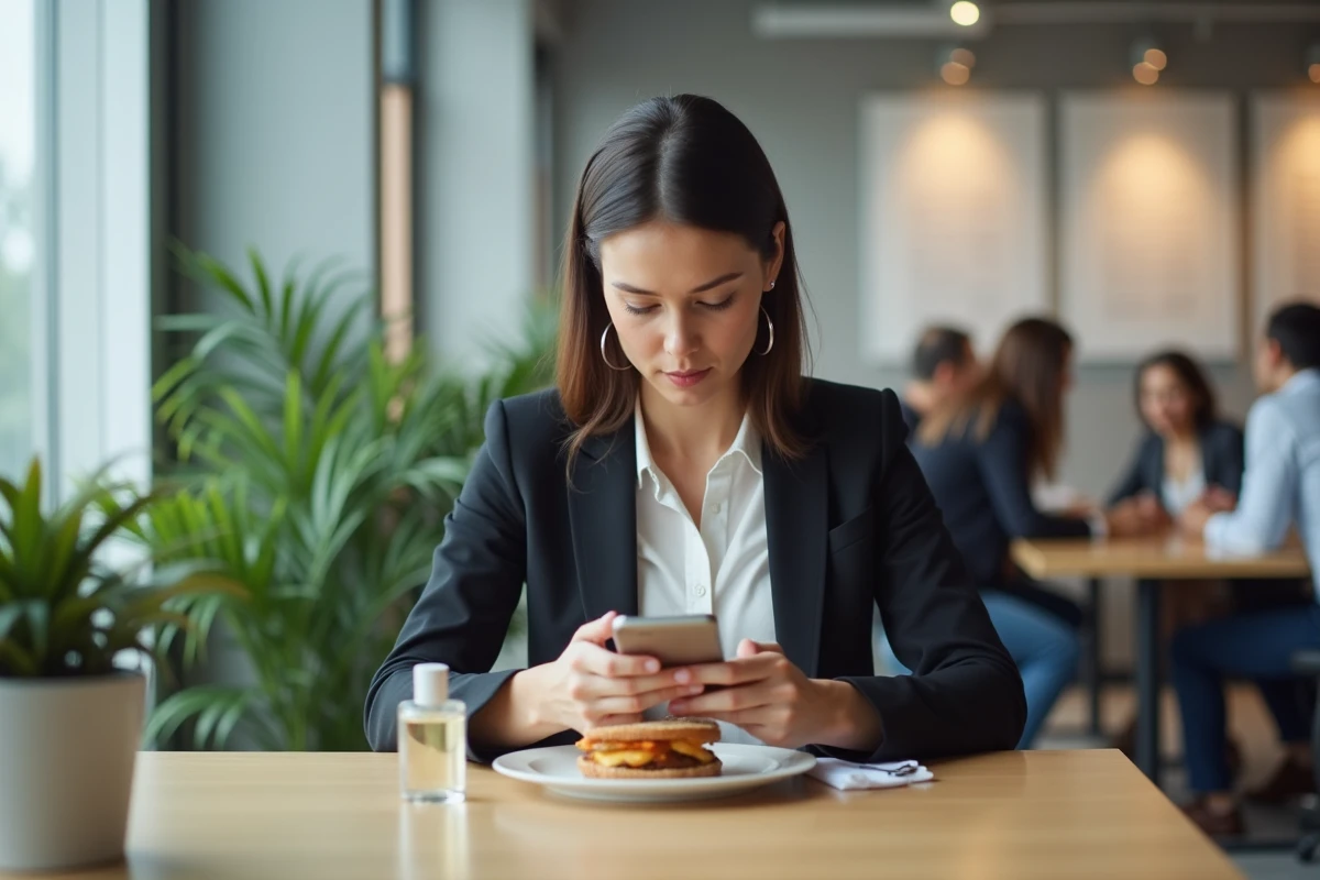 Consultante Chogan salariée gérant son activité de vente lors de sa pause déjeuner dans une salle de pause de bureau moderne
