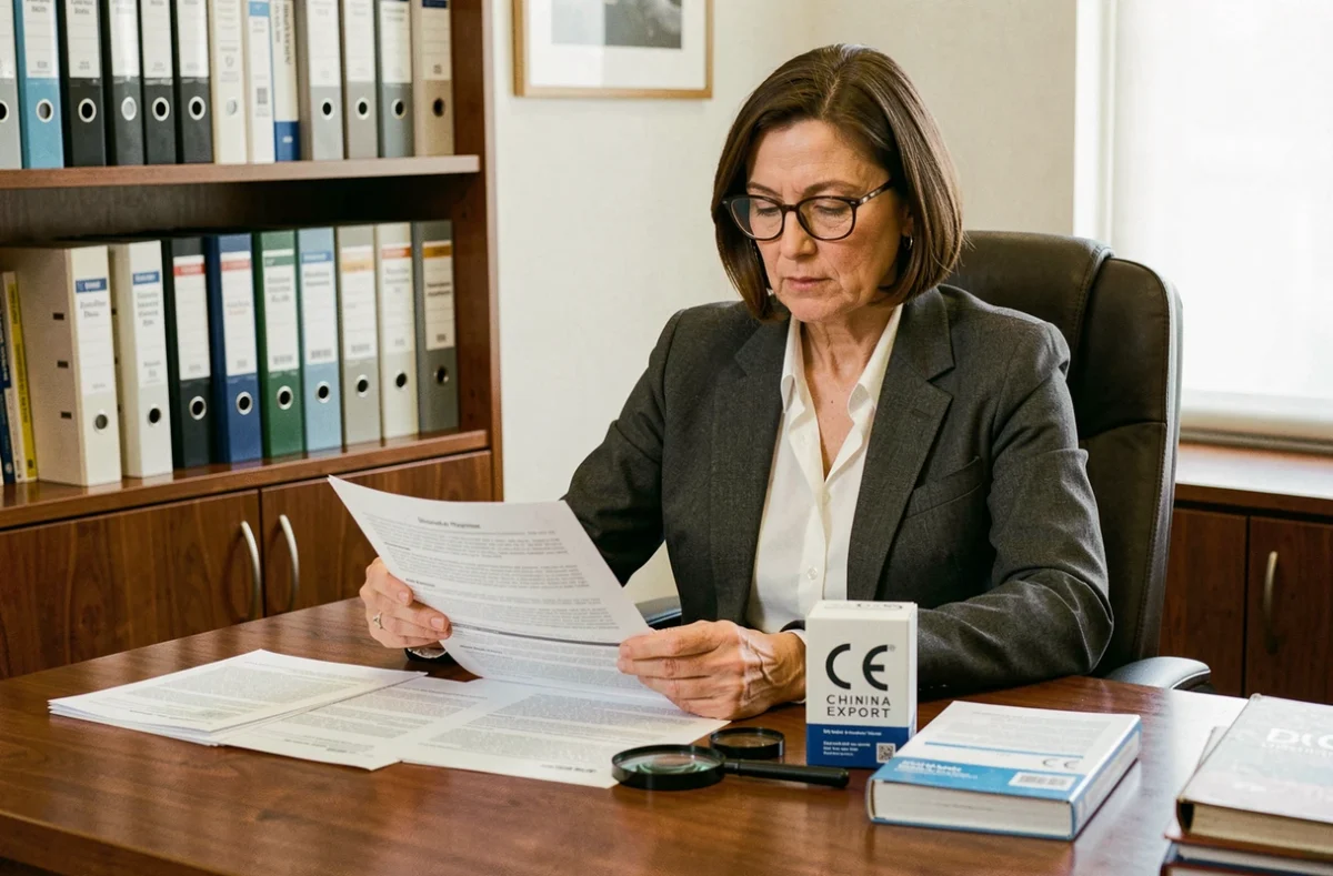 Consultante en conformité réglementaire analysant un emballage avec marquage CE China Export et des documents techniques dans un bureau professionnel
