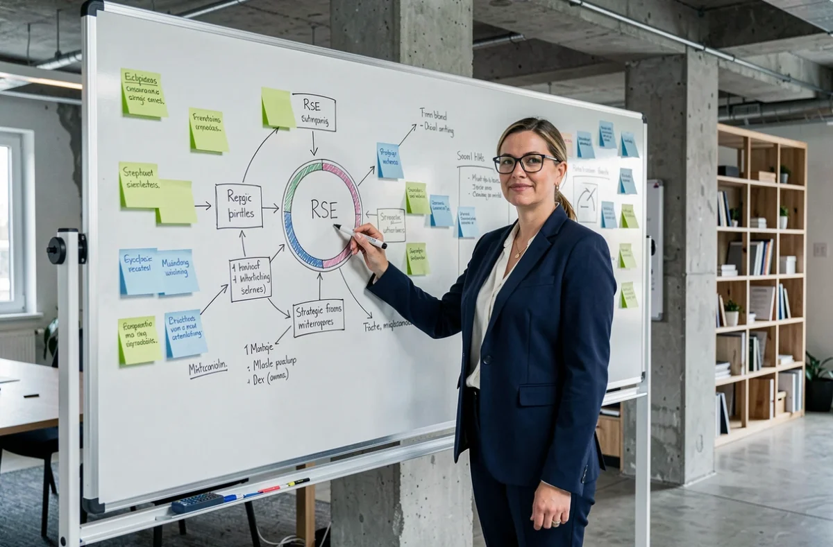 Consultante RSE présentant un cadre stratégique de responsabilité sociétale sur un tableau blanc en entreprise