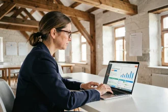 Consultante SEO en Alsace analysant les performances d'un site web sur son ordinateur portable dans un espace de coworking moderne