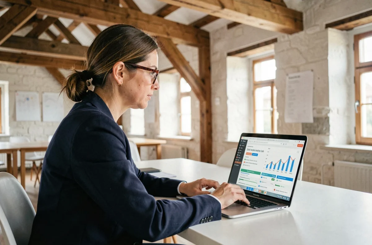 Consultante SEO en Alsace analysant les performances d'un site web sur son ordinateur portable dans un espace de coworking moderne