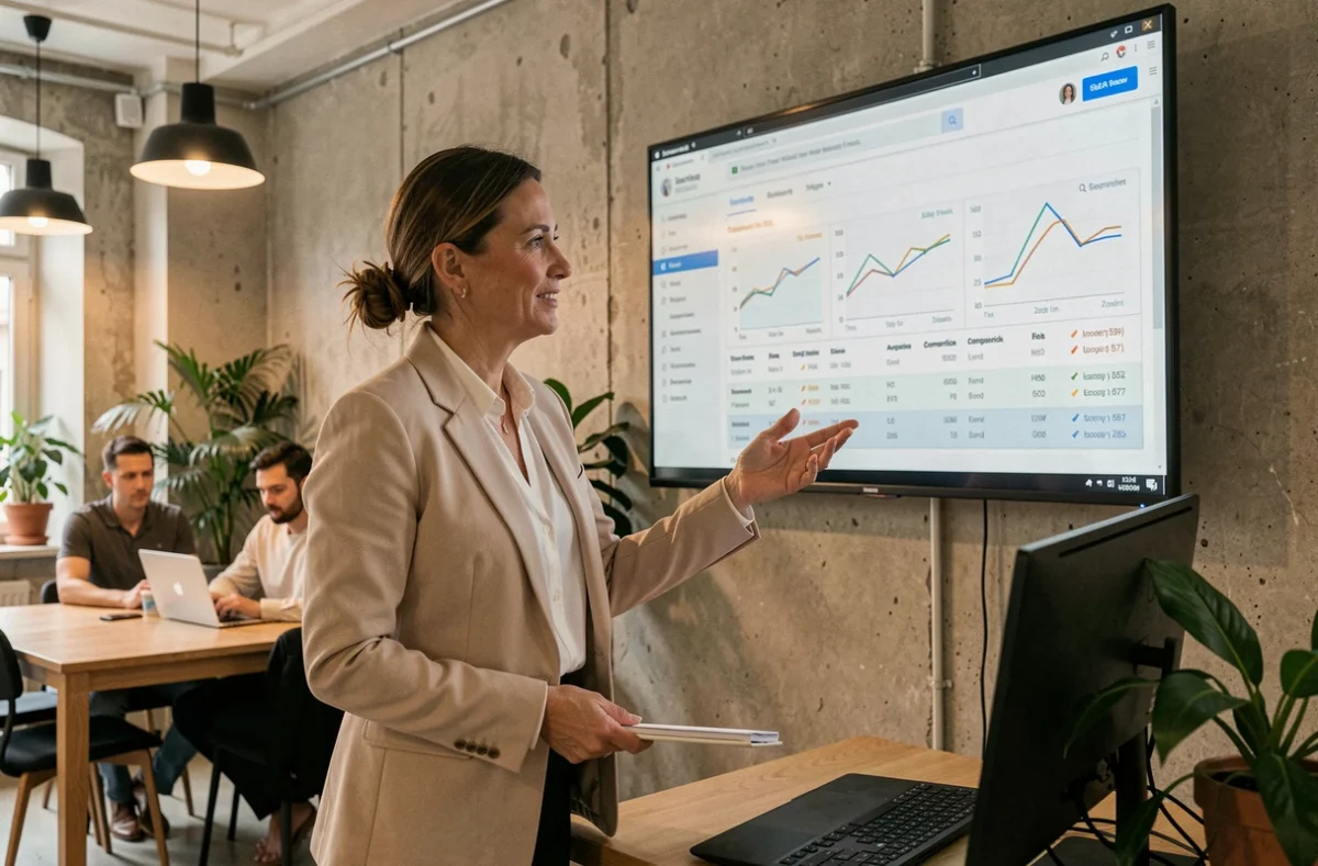 Consultante SEO présentant une stratégie de référencement naturel à des collègues dans un espace de coworking moderne à Paris en Île-de-France