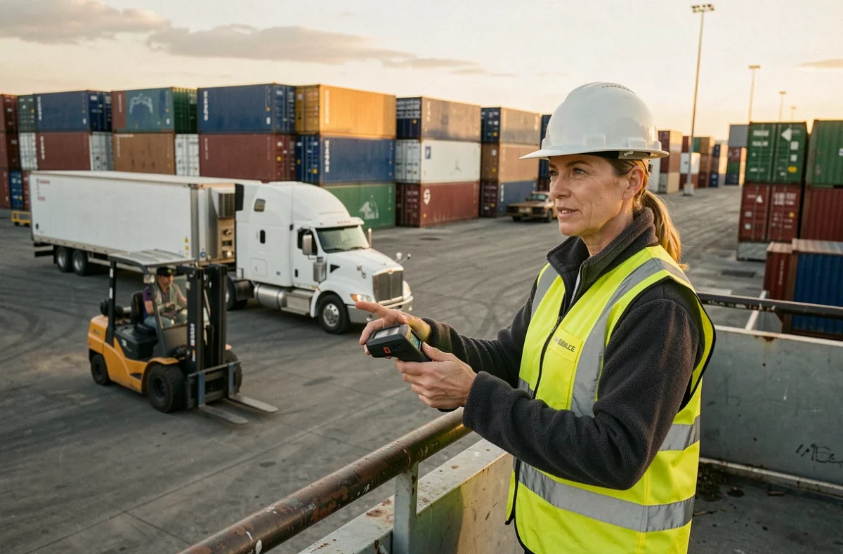 Coordinatrice logistique Kühne Nagel supervisant le chargement de conteneurs dans un terminal intermodal