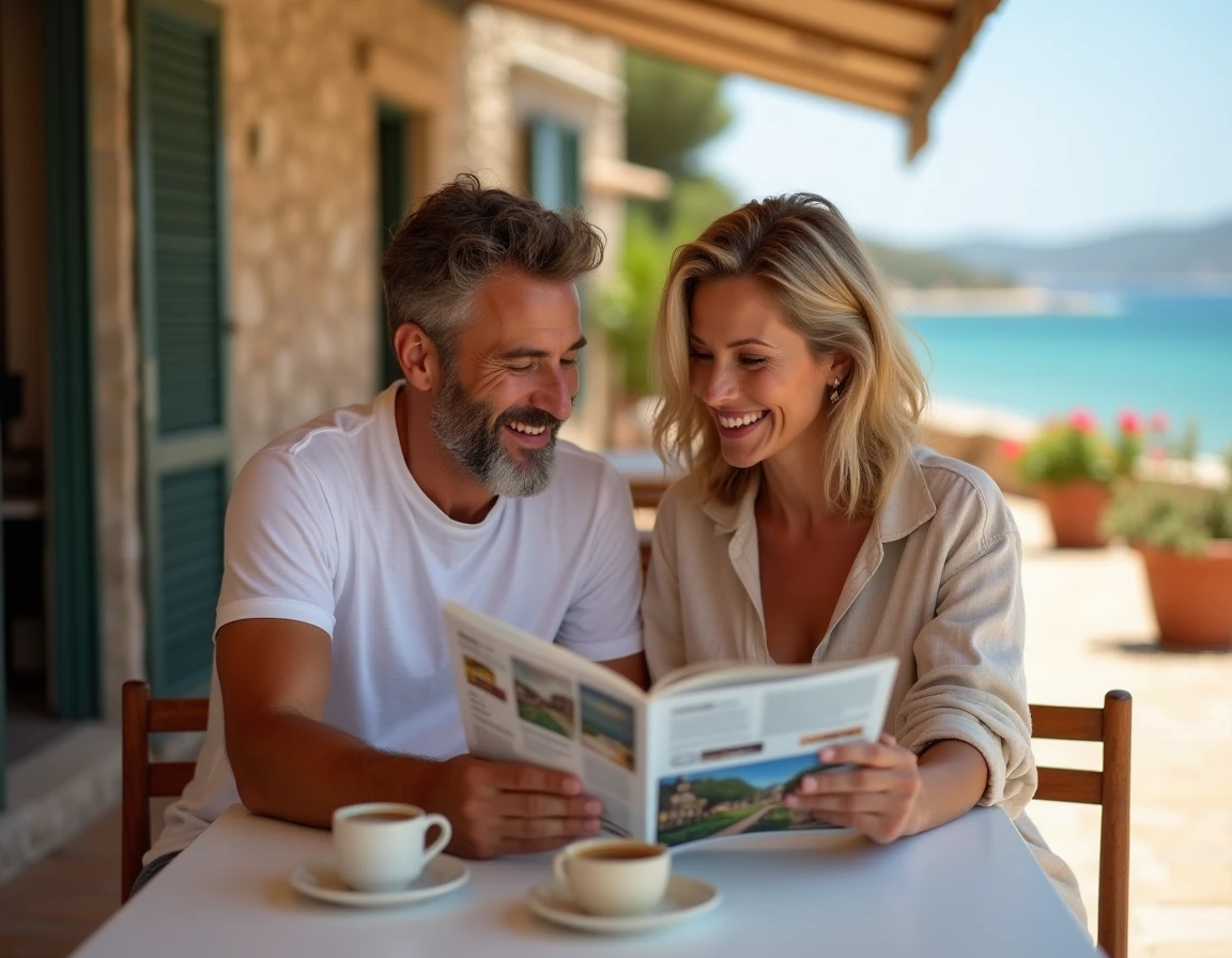 Couple planifiant un voyage en consultant les offres de vacances du CE Loxam en terrasse
