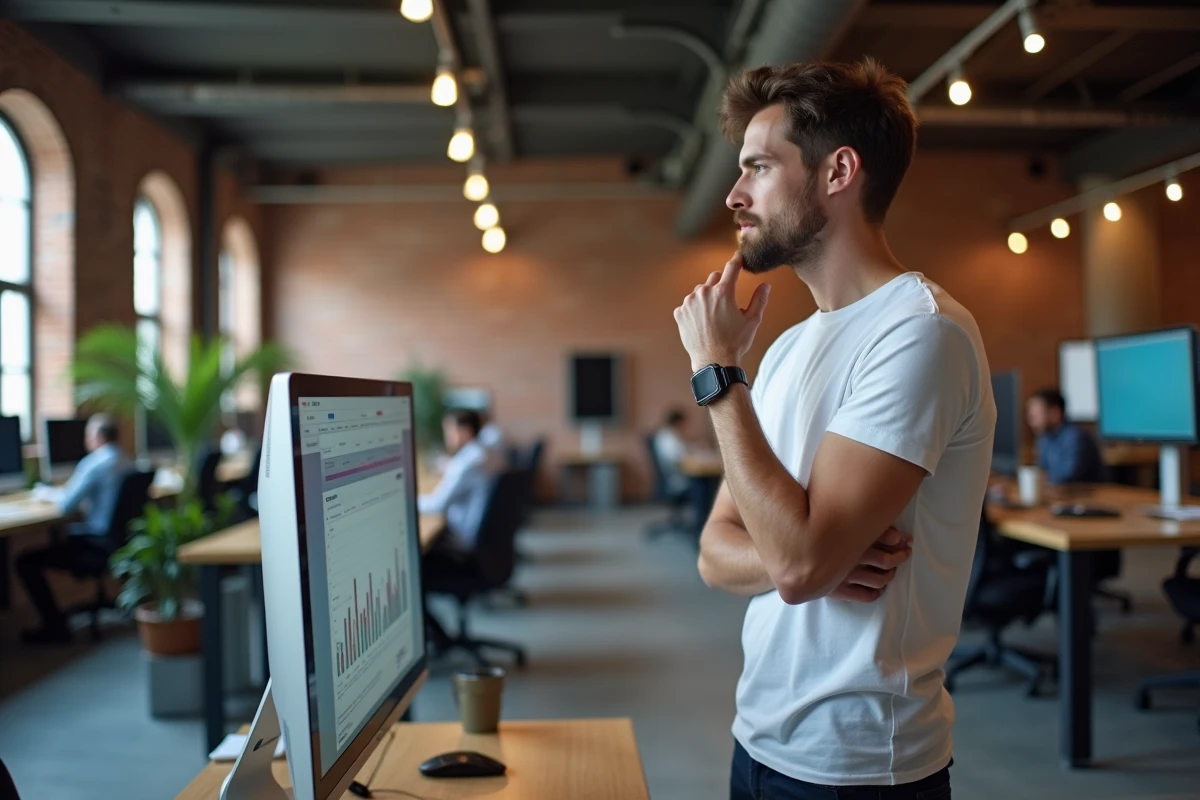 Créateur digital masculin analysant des données de performance sur un écran dans un espace de coworking moderne