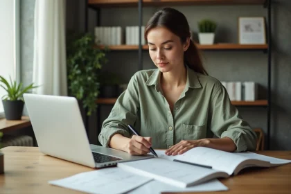 Créatrice de contenu planifiant sa stratégie digitale 2026 à son bureau avec un agenda éditorial imprimé et un ordinateur portable