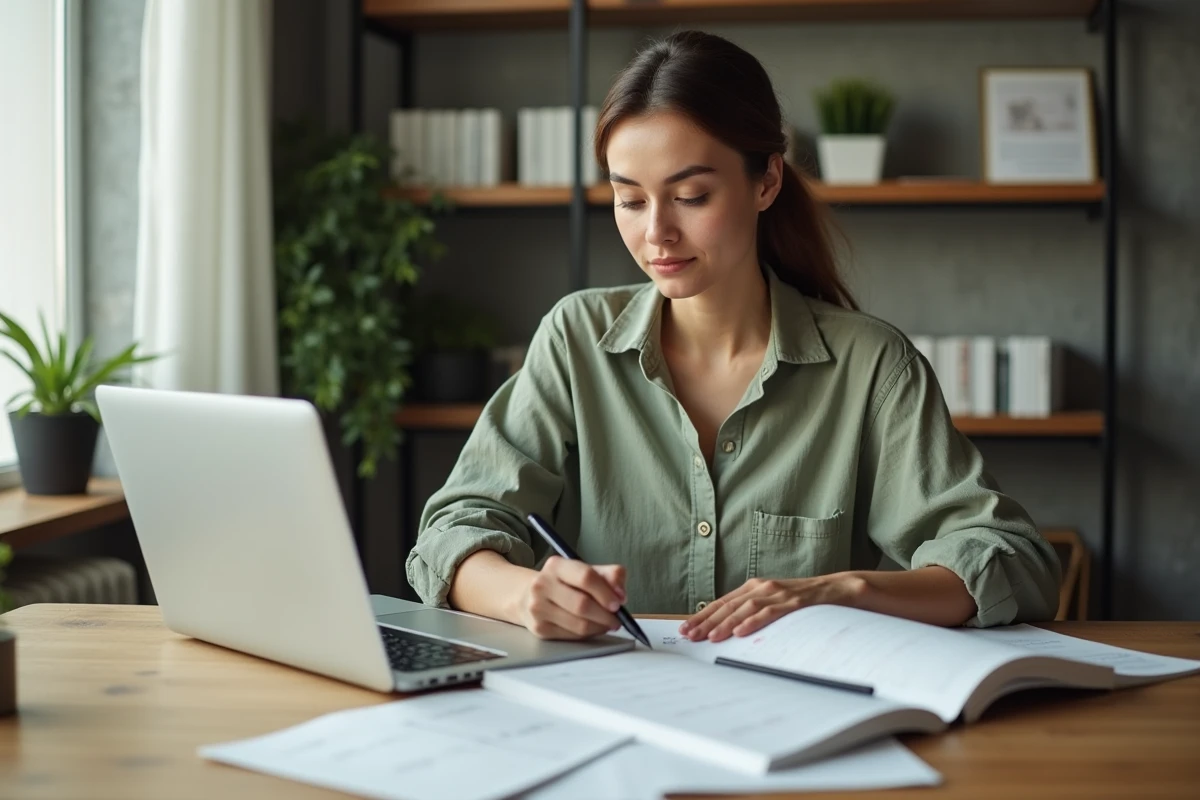 Créatrice de contenu planifiant sa stratégie digitale 2026 à son bureau avec un agenda éditorial imprimé et un ordinateur portable