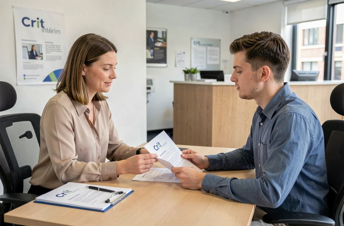 Consultante Crit Intérim présentant une offre d'emploi à un candidat dans une agence des Pays de la Loire