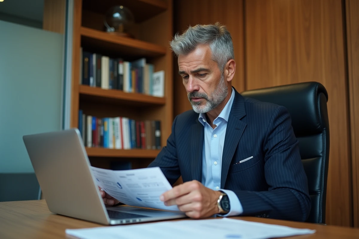 Décideur non technique analysant un rapport sur l'IA et l'automatisation dans son bureau privé