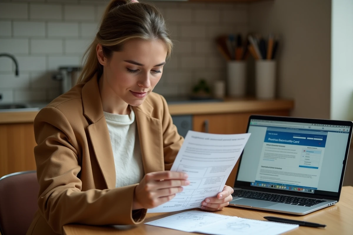 Femme consultant des documents administratifs à domicile pour finaliser sa demande de carte professionnelle CNPAS en ligne