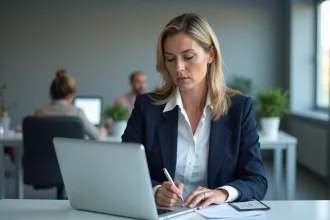 Professionnelle remplissant une démarche en ligne pour obtenir sa carte professionnelle CNPAS sur un ordinateur portable au bureau
