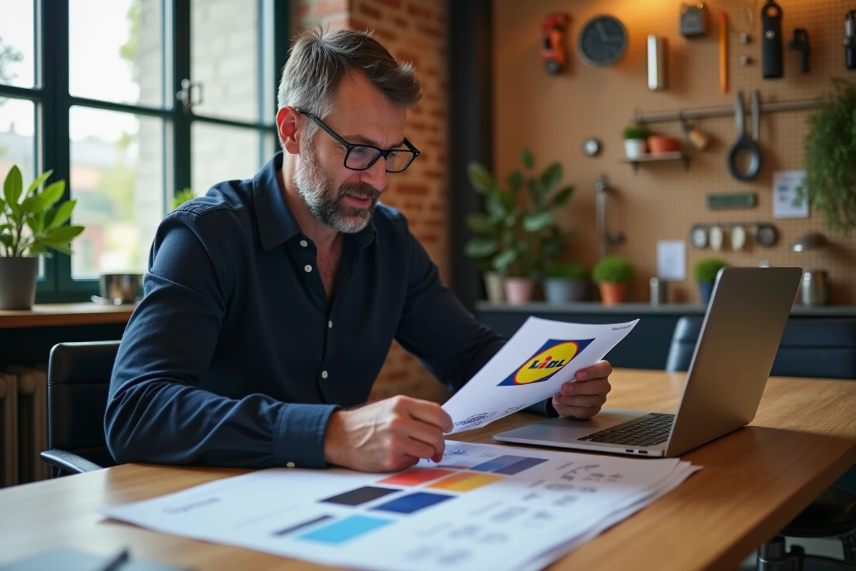 Designer graphique analysant les directives visuelles du logo Lidl dans un studio créatif moderne
