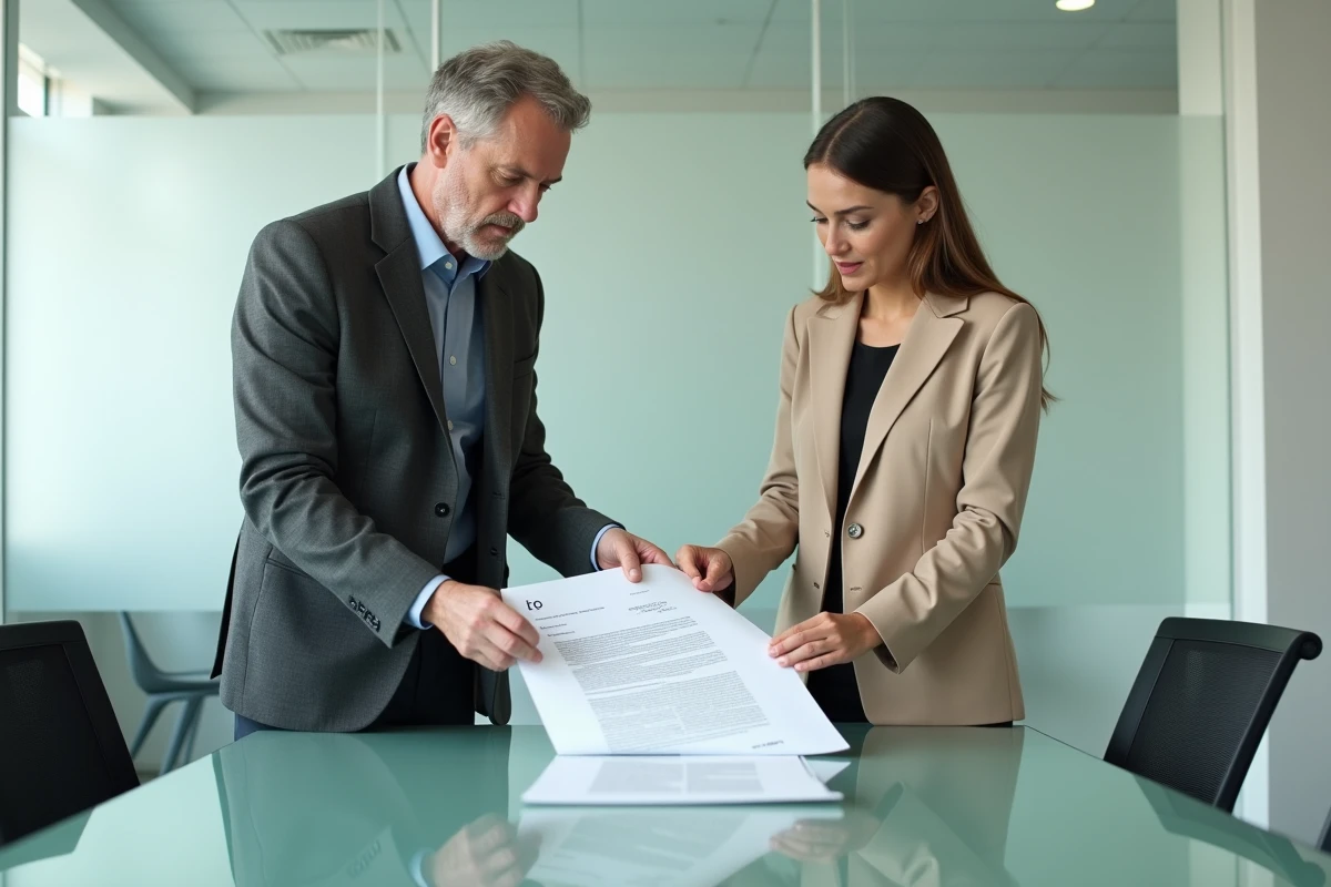 Deux professionnels examinant un devis avec annotation pour ordre sur une table de réunion