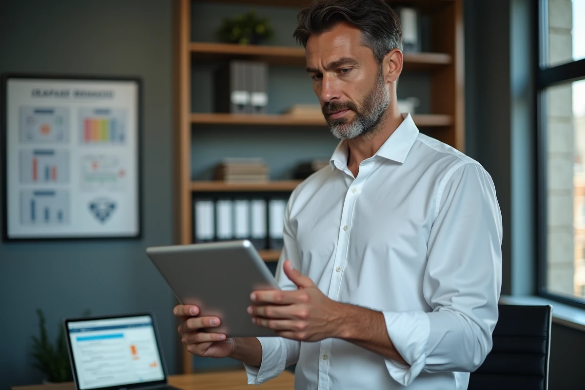 Directeur RH debout consultant un logiciel de gestion RH sur tablette pour centraliser paie et congés en entreprise