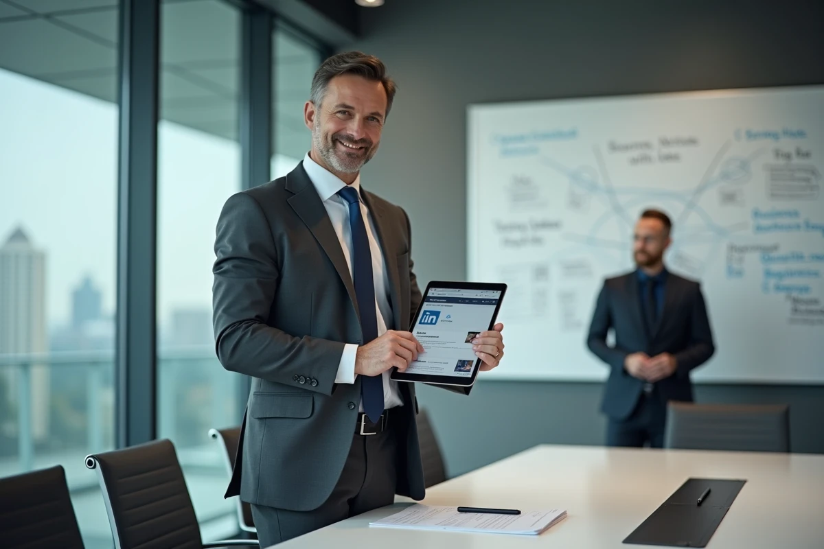 Dirigeant d'entreprise consultant simultanément Network-Entreprise.fr et LinkedIn sur tablette pour prospecter de nouveaux clients B2B