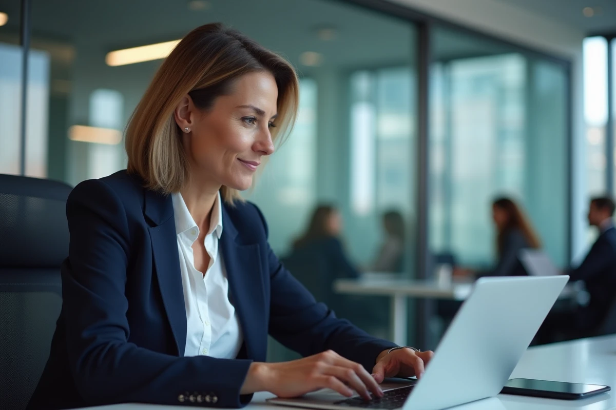 Dirigeante d'entreprise consultant une plateforme de partenariats B2B sur son ordinateur portable dans un bureau moderne