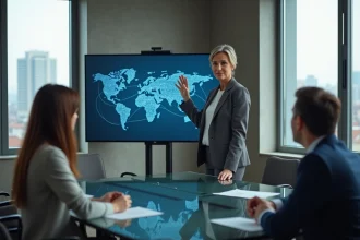 Dirigeante présentant des concepts d'intelligence artificielle et d'automatisation à des décideurs en salle de réunion