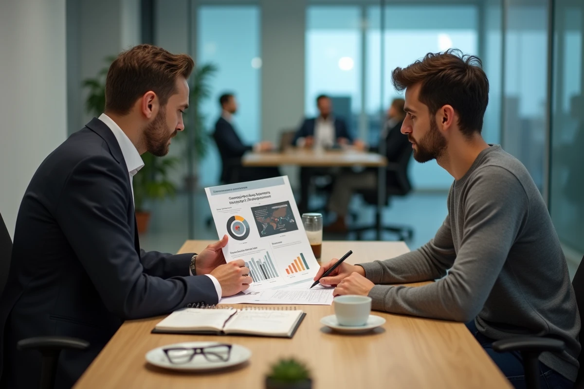 Deux dirigeants d'entreprise analysant un rapport reliant les initiatives RSE aux objectifs de croissance et de revenus dans un bureau vitré