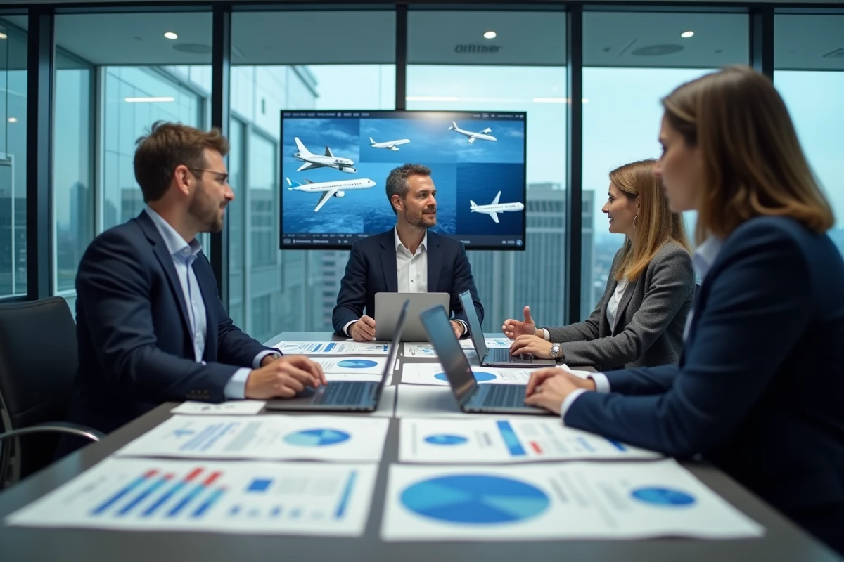 Équipe de dirigeants de compagnie aérienne comparant des données de flotte Boeing et Airbus en salle de réunion