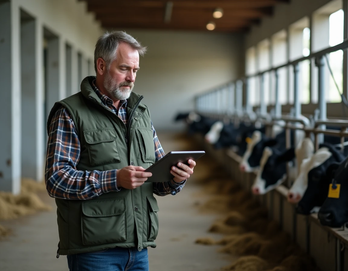 Éleveur consultant une plateforme numérique coopérative sur tablette dans un bâtiment d'élevage bovin
