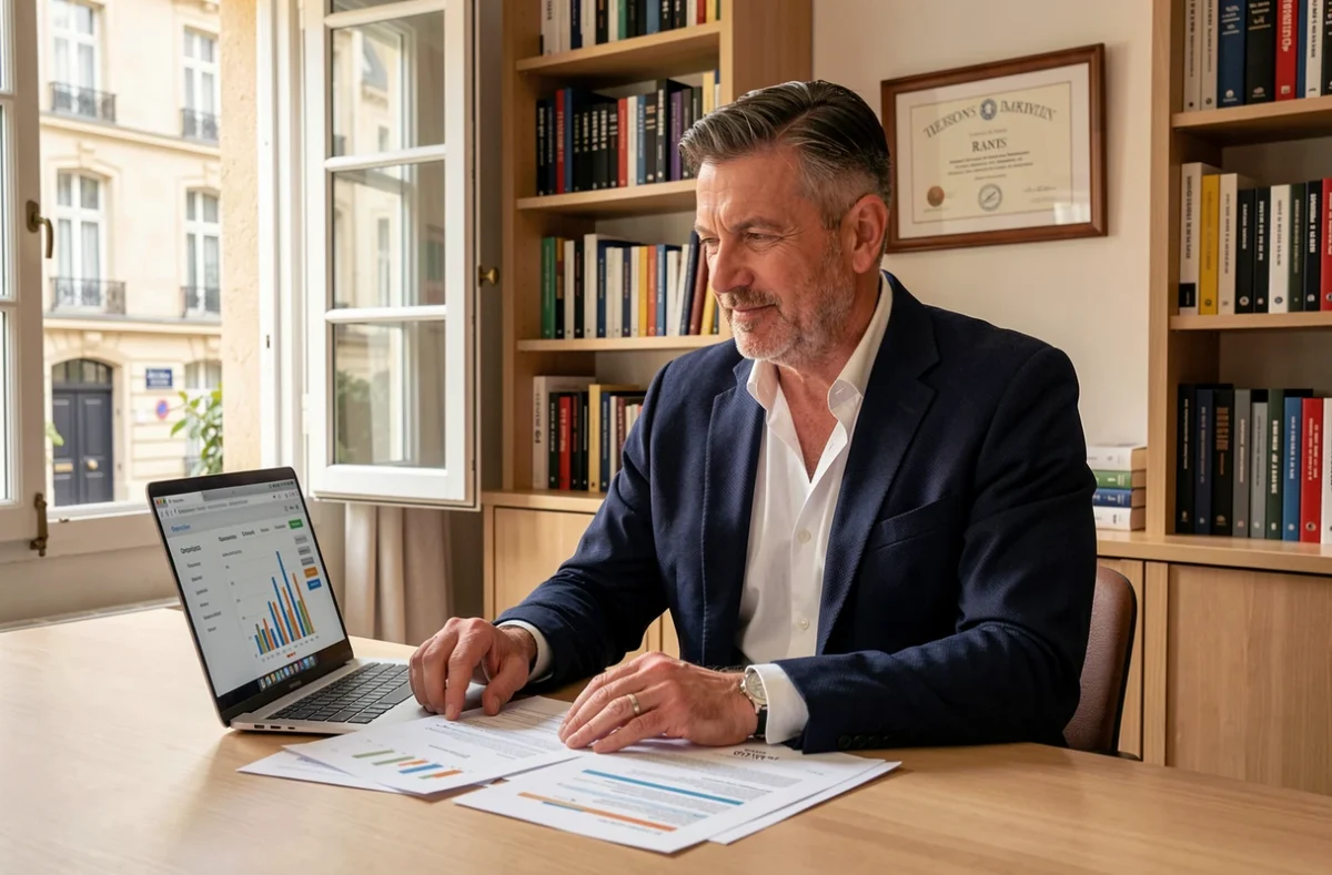 Consultant SEO Emmanuel Bertin assis à son bureau avec des documents de stratégie et un ordinateur portable affichant des courbes de référencement