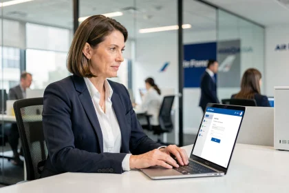 Employée Air France connectée au portail RH Intraligne sur un ordinateur portable dans un bureau professionnel