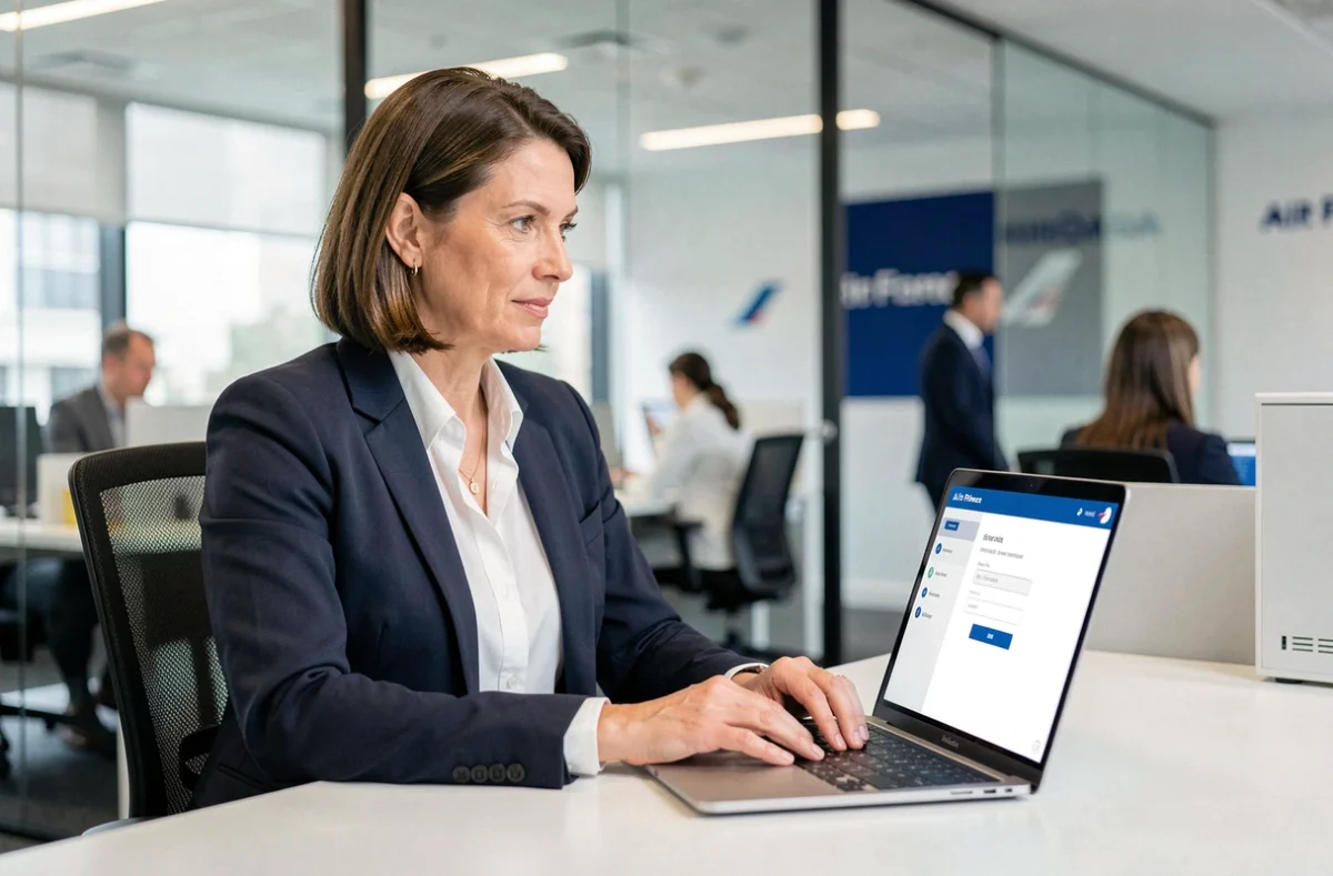 Employée Air France connectée au portail RH Intraligne sur un ordinateur portable dans un bureau professionnel