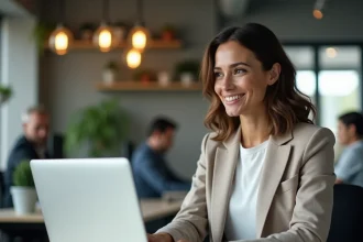 Employée consultant les avantages CE Loxam sur son ordinateur portable dans un bureau moderne