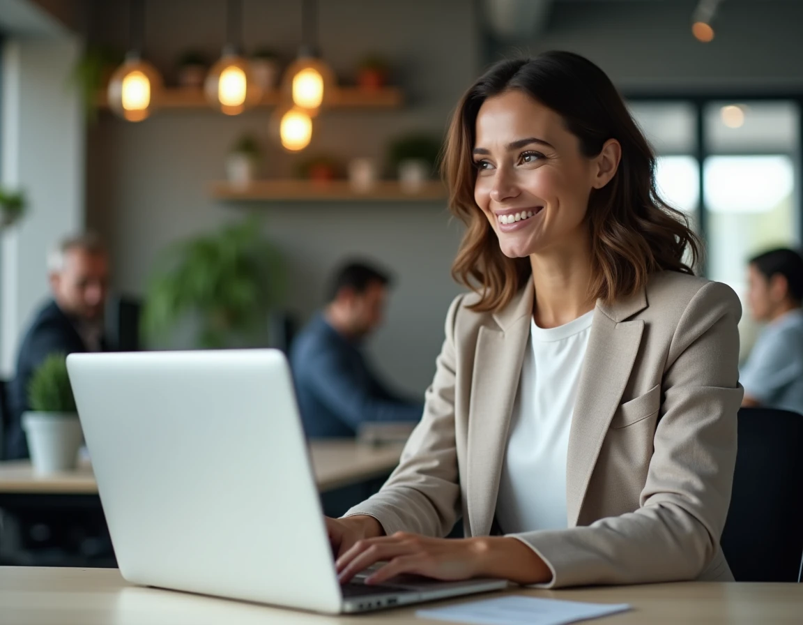 Employée consultant les avantages CE Loxam sur son ordinateur portable dans un bureau moderne