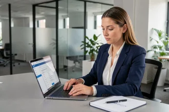 Employée BNP Paribas consultant le portail RH Alis sur son ordinateur portable dans un bureau moderne