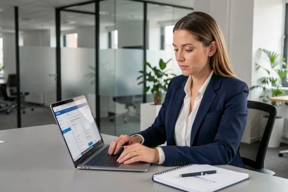 Employée BNP Paribas consultant le portail RH Alis sur son ordinateur portable dans un bureau moderne
