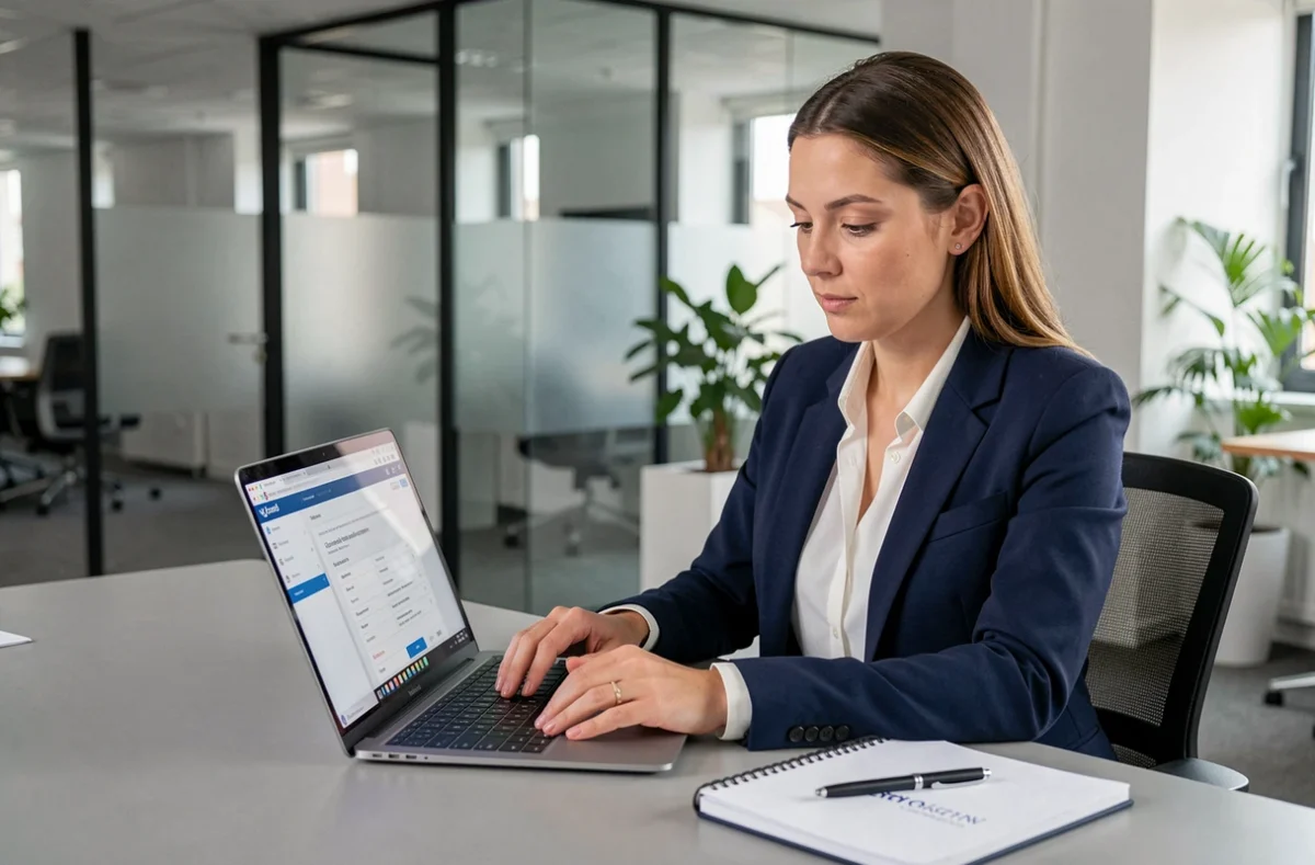 Employée BNP Paribas consultant le portail RH Alis sur son ordinateur portable dans un bureau moderne